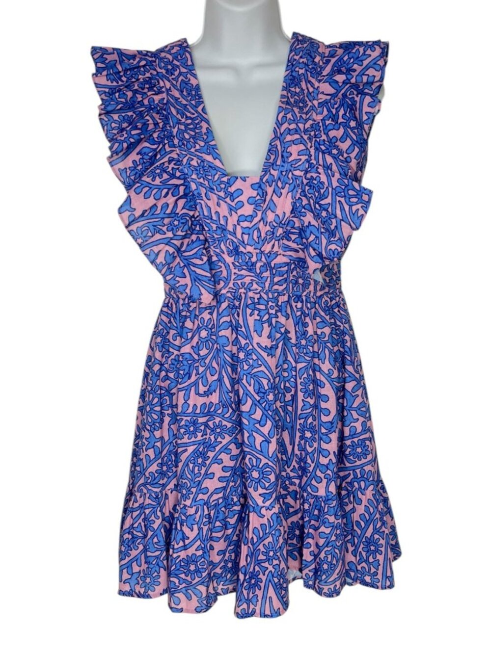KLEID Victoria Mini Dress Ruffle Pink Blue Paisley Summer Party Fit & Flare XS
